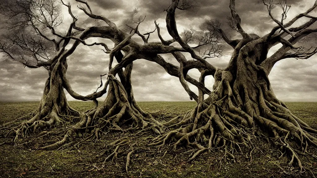 Prompt: tree roots reaching up into the clouds, surrealism photography by Sarolta Bán