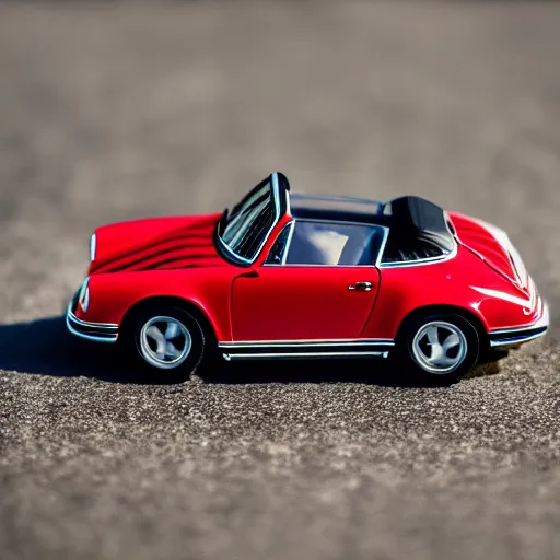 Prompt: close up photo of a small toy porsche 9 1 1 9 6 4 on a road stripe, cinematic, shallow dof, 3 5 mm, 4 k, macro