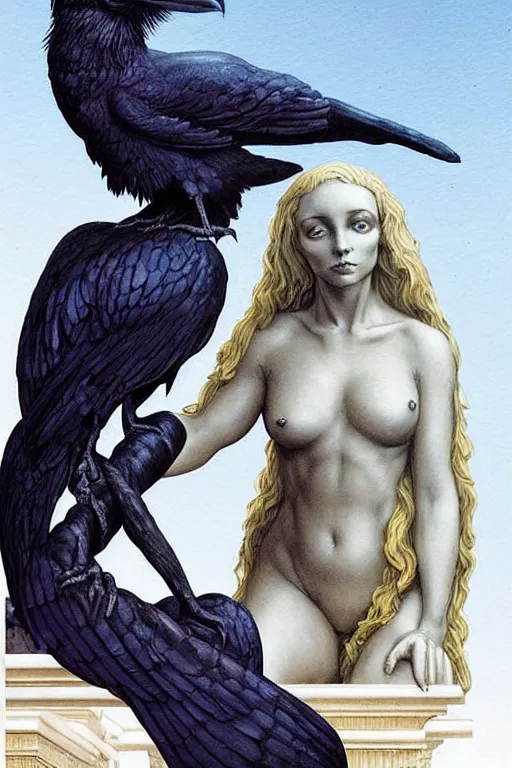 Prompt: raven perched on the shoulder of a realistic marble bust of a beautiful woman on a pedestal, by wayne barlowe, peter mohrbacher, kelly mckernan, james o barr