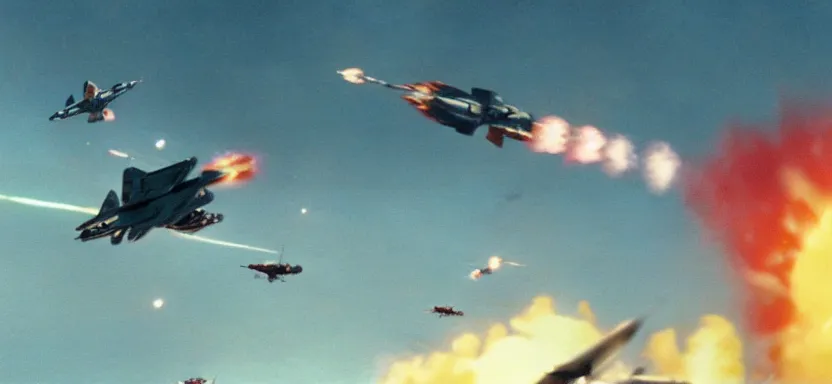 Image similar to a film still of an epic ww 2 space battle, explosions, wide angle, rule of thirds, colorful, thunderbirds, hbo, 4 k, hd, hyperrealistic, 7 0 mm, cronenberg