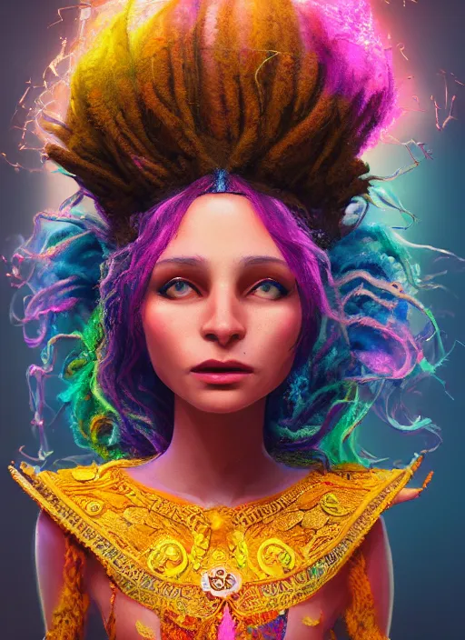 Image similar to an anthropomorphic beautiful smiling goddess female wizard portrait breathing fire wearing colourful robe, dreadlock breed hair, fine art, award winning, intricate, elegant, sharp focus, octane render, hyperrealistic, cinematic lighting, highly detailed, digital painting, 8 k concept art, art by jamie hewlett masterpiece, trending on artstation, 8 k