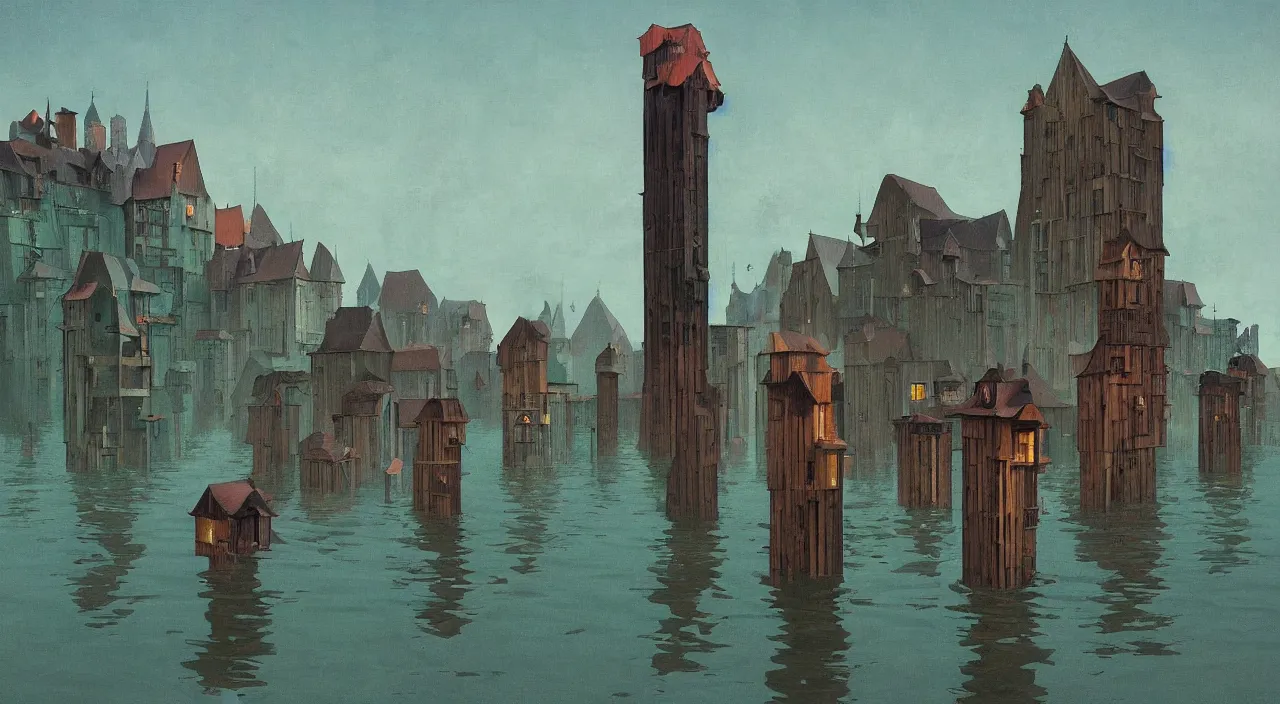 Image similar to single flooded simple wooden towers, very coherent and colorful high contrast!! masterpiece by rene magritte simon stalenhag carl spitzweg syd mead norman rockwell edward hopper james gilleard, minimalist, dark shadows, sunny day, hard lighting