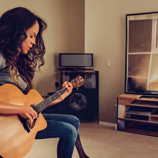 Prompt: beautiful women playing guitar, tv in the background