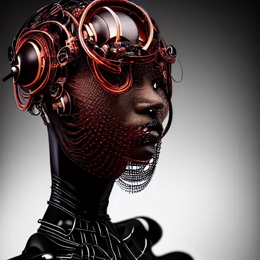 Prompt: portrait of an absurdly beautiful, graceful, sophisticated, fashionable black cyberpunk mechanoid gravure idol, hyperdetailed illustration by irakli nadar, matt wisniewski style, intricate linework, dark black porcelain skin, jellyfish headdress, brown eyes, unreal engine 5 highly rendered, global illumination, red light, detailed and intricate environment