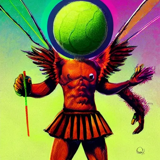 Prompt: a tennis ball monster with angel halo and wings,tennis ball,colorful, digital art, fantasy, magic, trending on artstation, ultra detailed, professional illustration by Basil Gogos