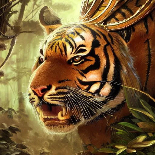 Image similar to a very high detailed tiger crossed with a muscular human body, wearing a very detailed golden kings crown, tattoo on shoulder, in a highly detailed jungle, Golden crown, crown on head, digital art, concept art, greg rutkowski, Nikolai Karelin, Hou China, trending artstation