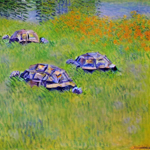 Prompt: tortoises operating heavy artillery by claude monet