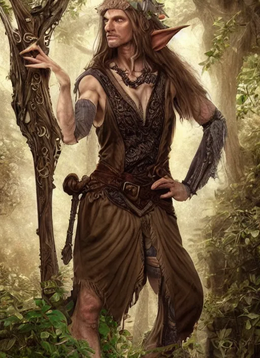 Image similar to a relaxed malehalf elf middle aged druid in a sleeveless west, brown short hair, strong, full body, 8 k, hyperrealistic,, hyperdetailed, fantasy portrait by laura sava