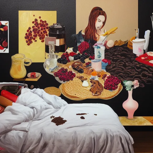 Image similar to sensual, a portrait in a female art student's bedroom, black walls, a woman sitting on a bed made of pancakes, honey dripping, berries dripping, chocolate, surgical supplies, ikebana, octopus, neo - expressionism, surrealism, acrylic and spray paint and oilstick on canvas