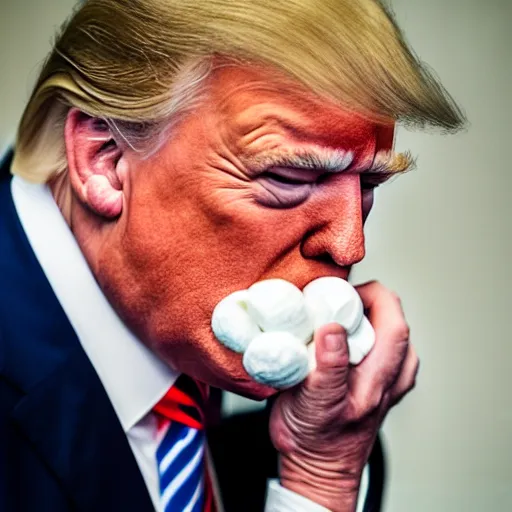 Prompt: candid portrait photo of president trump shoving a ball of paper into his mouth, eating a wad of paper, detailed portrait, 4 k, megapixel, sony a 7 s, f / 8, 2 4 mm lens