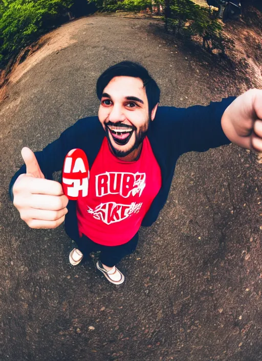 Image similar to photo of a person smiling and giving a thums up out doors. fisheye lens