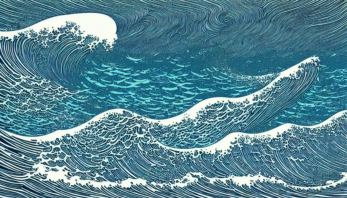 Image similar to waves visible from the beach by woodblock print, nicolas delort, moebius, victo ngai, josan gonzalez, kilian eng