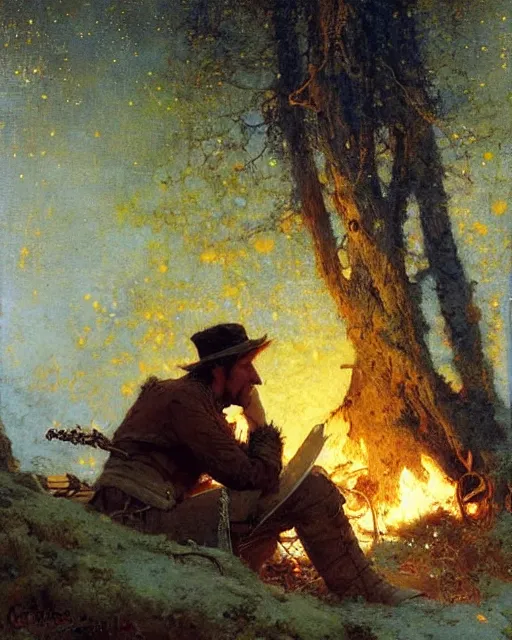 Prompt: very very attractive man counts the stars at night from beside the fire, his tent is nearby, melancholy, nostalgia, painting by gaston bussiere, craig mullins, j. c. leyendecker