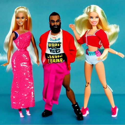 Image similar to barbie mr. t pop band, detailed facial expressions, 1 9 8 0 s aesthetic