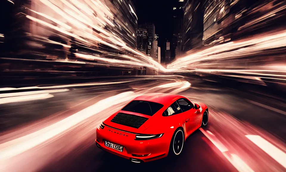 Prompt: photo of a porsche 911 at night driving fast through a city, cinematic, 4k, long exposure photography, tokyo drift, fast and furious, film still, night photography, motion blur, lens flare, movie shot, light trail, distortion, wide angle