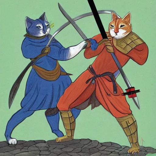 Prompt: two cats fighting with swords and dressed in armor