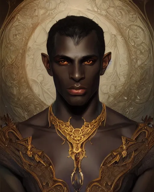 Image similar to portrait of a handsome male dark elf, dark skin, fantasy, intricate, elegant, highly detailed, digital painting, artstation, concept art, sharp focus, illustration, art by artgerm and greg rutkowski and alphonse mucha