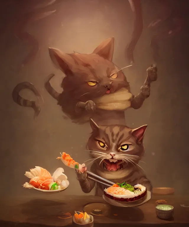 Prompt: a portrait of an anthropomorphic ninja cat eating sushi,, standing in a restaurant surrounded by mice!, cute and adorable, dnd character art portrait, well rendered matte fantasy painting, deviantart artstation, by jason felix by steve argyle by tyler jacobson by peter mohrbacher, cinematic lighting