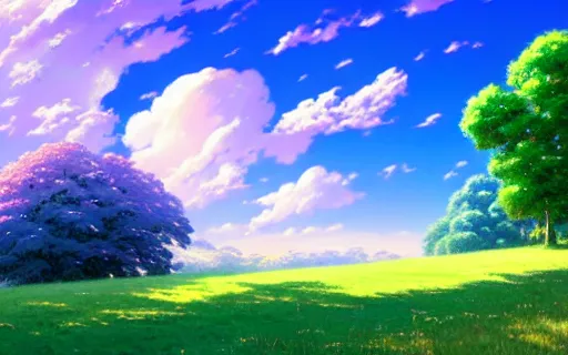 Prompt: A beautiful ultra detailed matte painting, blue sky, fluffy clouds, bright green grass landscape, wonderful, vivid colors, by thomas kinkade and james gurney, anime key visual, makoto shinkai, ilya kuvshinov, lois van baarle, rossdraws, detailed, trending on artstation