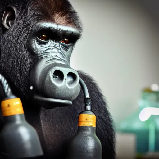 Image similar to high quality photo of A gorilla wearing a world war 2 gas mask in a lab with neon lights, realism, 8k, award winning photo