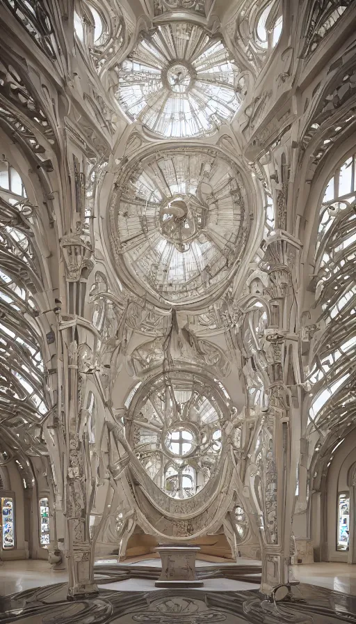 Prompt: Looking up into interior of art nouveau architecture tower inspired by interior of Cappella della Sacra Sindone, tiny angel floating in center, Otto Wagner, volumetric light, highly detailed, hyperrealism, a sense of awe, octane render, unreal engine, cinematic, epic, deep depth of field, dutch angle, one-point perspective, 8k