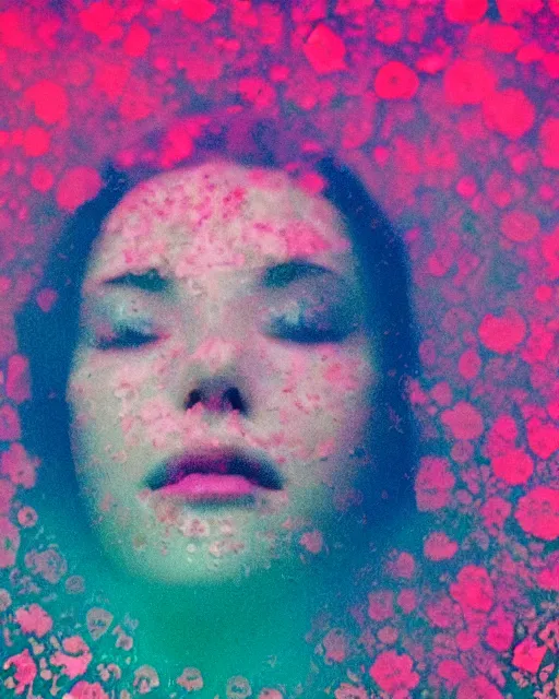 Prompt: oversaturated, burned, light leak, expired film, photo of a woman's serene face submerged in a flowery milkbath, rippling effect, light splotches, vintage glow