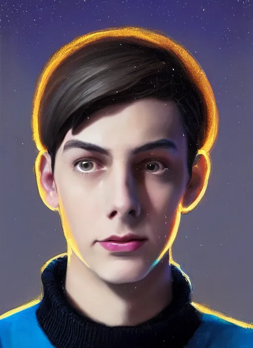 Image similar to portrait of teenage jughead jones wearing a light grey crown, crown, blue turtleneck, 1 9 5 0 s, closed eyes, photorealistic, black hair, glowing lighting, intricate, elegant, glowing lights, highly detailed, digital painting, artstation, concept art, smooth, sharp focus, illustration, art by wlop, mars ravelo and greg rutkowski