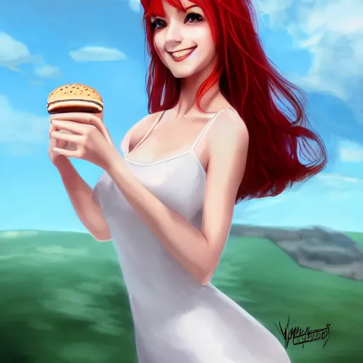 Image similar to beautiful woman with red hair and green eyes wearing a white sundress, at a drive-through, flirting, smiling, eye contact, perfect face, it\'s Wendy from Wendy\'s giving out hamburgers, digital art in the style of artgerm and WLOP, extreme long shot