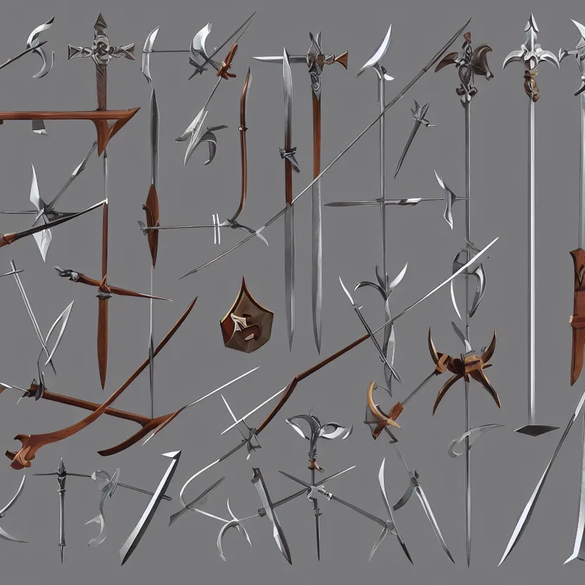 Prompt: arrows, bows, swords, axes, Set of high quality HD sprites, low poly