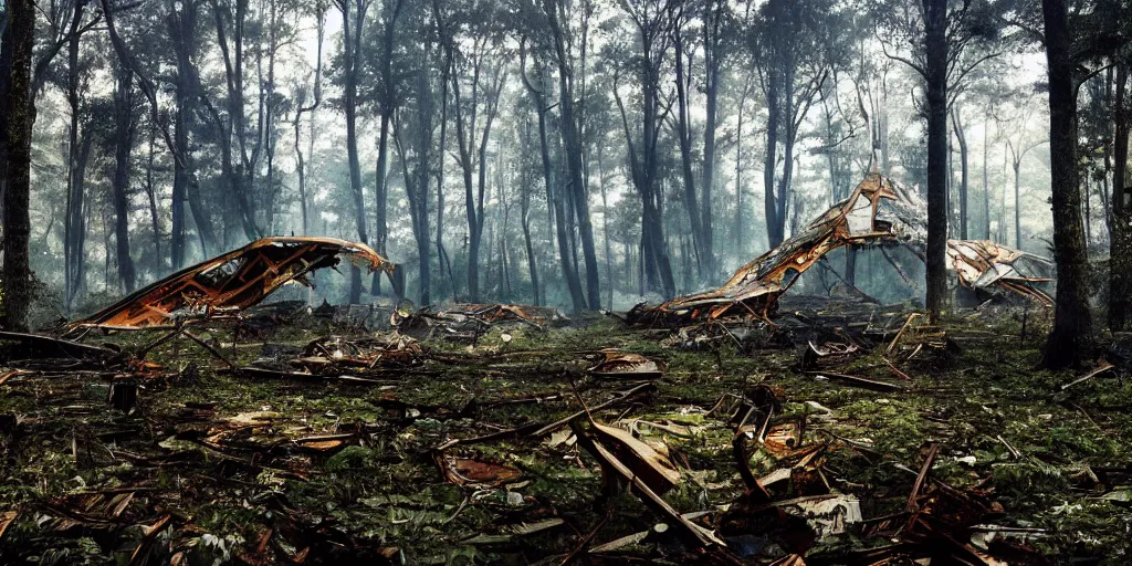 Prompt: future forest attacked by spaceship, broken buildings, star trek, glory war, photograph