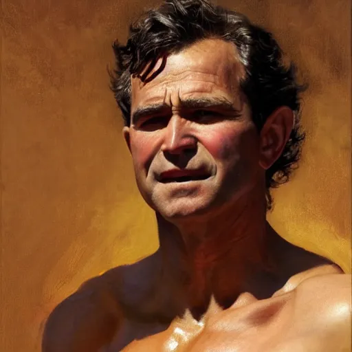 Prompt: detailed realistic cinematic wide shot of beautiful attractive muscular george bush wearing black gold robe slim face symettrical face clean skin black eyes black robe smooth, sharp focus, ultra realistic, spring light, painting by gaston bussiere, craig mullins, j. c. leyendecker