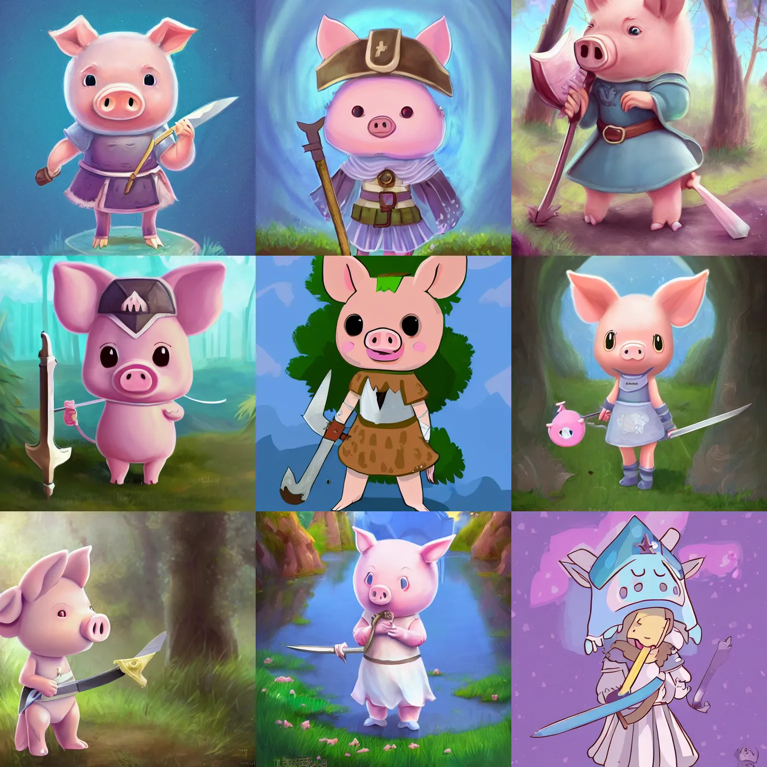 Prompt: very cute and adorable anthro little piggy knight princess portrait, holding a sword, adorable blue eyes, piglet, fantasy forest landscape, lake, summer, pale blue outfit, cute forest creature, fluffy, pastel colors, Adventure Time, Dreamworks, Behance, Pokemon, Artstation, trending on artstation, peach and goma style, milk and mocha style, art of silverfox, Yee Chong Silverfox, Sydney Hanson, Sofya Emelenko, Elina Karimova