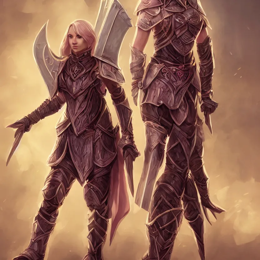 Image similar to beautiful well built pink short haired half elf woman healer wearing cleric armor and holding a shield, dungeons and dragons, character portrait, character design, full rendered illustration, 4 k, 8 k, hyper detailed, back lighting, cinematic lighting, intrinsic detail