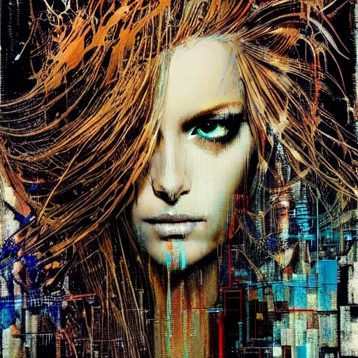 Prompt: hyperrealistic portrait of a mysterious cyberpunk woman with flowing hair, by Guy Denning, Russ Mills, beautiful, elusive, glitch art, hacking effects, glitch effects, brown eyes, fine lines, digital tech effects, cybernetics, detailed lines, intricate detail, holographic, polished, chromatic, clear, color blocking, acrylic on canvas, octane, concept art, abstract, red face, front view, 8k, masterpiece, cgsociety, trending on artstation