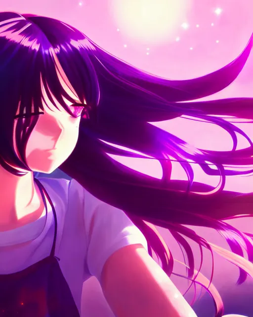 Image similar to anime style, vivid, expressive, full body, 4 k, painting, a cute magical girl with a long wavy black hair, stunning, realistic light and shadow effects, centered, violet sunlight, simple background, studio ghibly makoto shinkai yuji yamaguchi