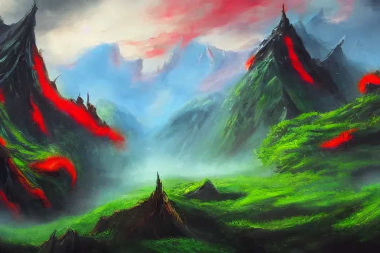Prompt: Fantasy landscape of the land of dragons, green, red, black, fantasy, oil painting, gesso painting, by Bob Ross, trending on youtube, trending on artstation, artstationHD, artstationHQ, octane, cgsociety
