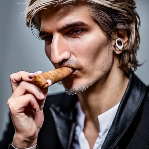 Image similar to a closeup photo of handsome gigachad xqc smoking a cigar