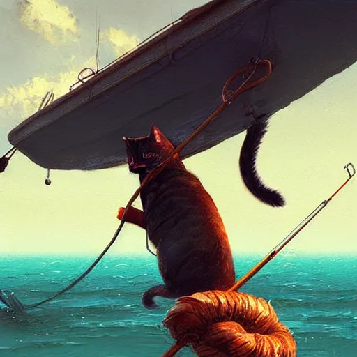 Image similar to fisherman cat, cat fishing from boat, digital art by Greg rutkowski