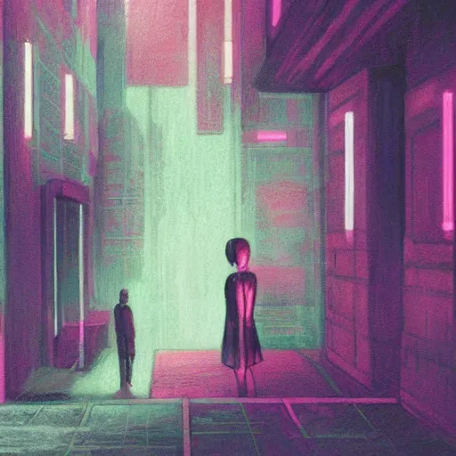 Prompt: sadness, no people, cyberpunk, pastel colors, painting