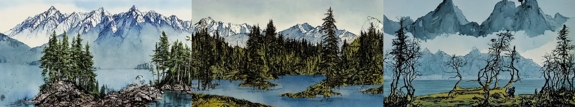 Prompt: mountains, trees, and lake, by ralph steadman