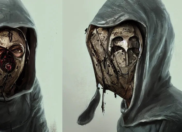 Image similar to masked hooded serial killer. legion dbd, melting clock mask,, concept art oil painting by Jama Jurabaev, extremely detailed, brush hard, artstation, for AAA game, high quality