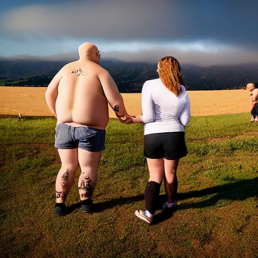 Image similar to portrait of a young fat bald white male tattoos and his young white female brown hair wife with tattoos. male is wearing a white t - shirt, tan shorts, white long socks. female is has long brown hair and a lot of tattoos. photo taken from behind them overlooking the field with a goat pen. rolling hills in the background of california and a partly cloudy sky