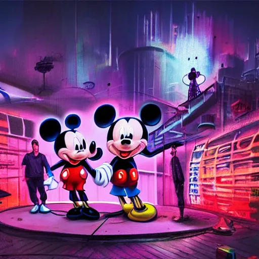 Image similar to a group of people standing around a mickey mouse, cyberpunk art by david lachapelle, cgsociety, sots art, dystopian art, reimagined by industrial light and magic, concept art