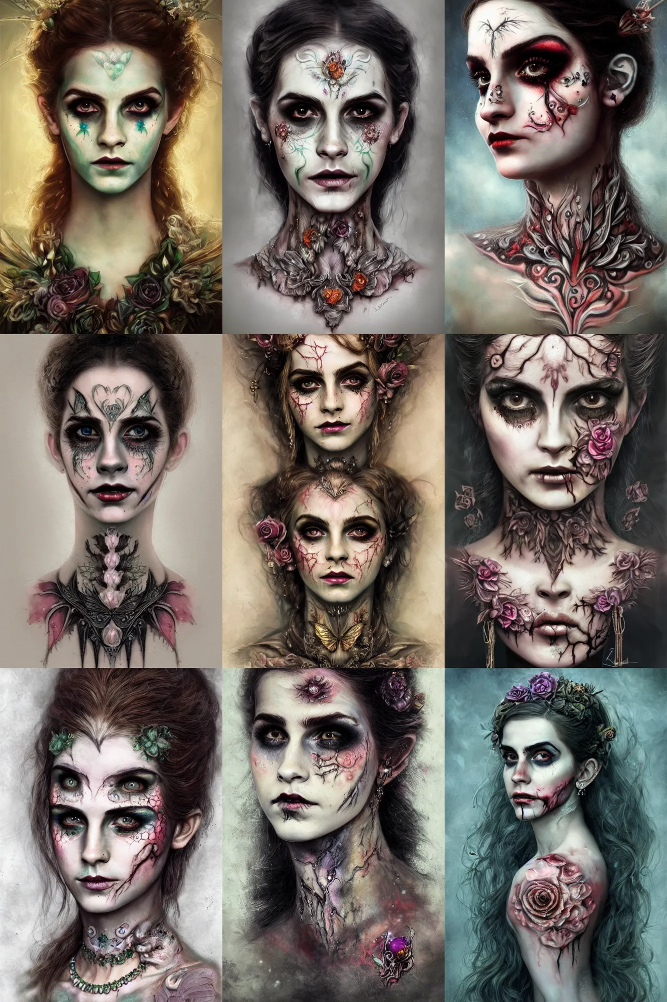 Prompt: portrait of zombie fairy, symmetric, facepaint facepaint facepaint, intricate jewelry, trending on artstation 4 k, high quality, in the style of karol bak and tom bagshaw, bust with face of emma watson, tattoos