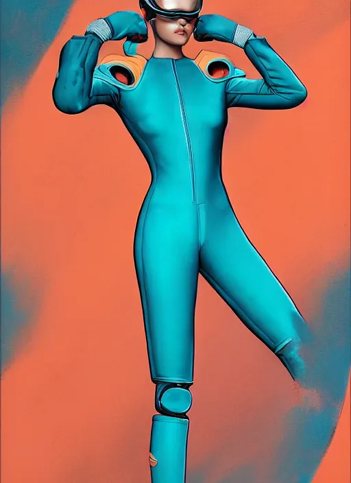 Image similar to symmetry closeup portrait of a racer girl cyborg jumpsuit in clouds cinematic light windy teal orange by gerald brom by mikhail vr