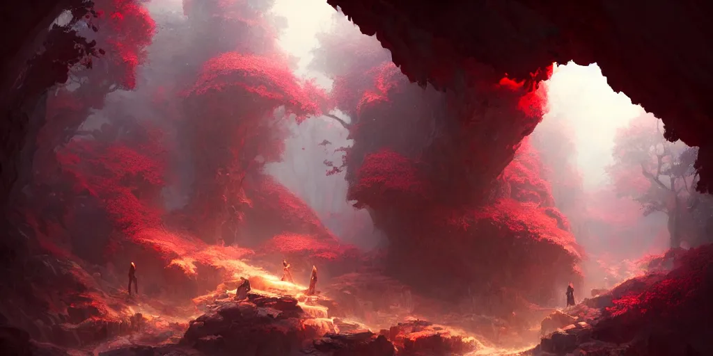 Image similar to entrance to small cave inside the forest, red crystals. In style of Greg Rutkowski, Jesper Ejsing, Makoto Shinkai, trending on ArtStation, fantasy, great composition, concept art, highly detailed, scenery, 8K, Behance.