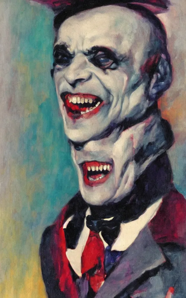 Image similar to portrait of conrad veidt as gwynplaine freakish grin, award winning oil painting, sharp color palette