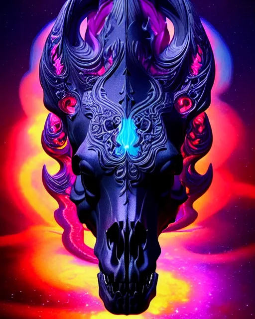 Image similar to 3 d ornate carved dark cosmic horse with profile portrait, sigma 5 0 0 mm f / 5. beautiful intricate highly detailed horse skull. bioluminescent, plasma, lava, ice, water, wind, creature, thunderstorm! artwork by tooth wu and wlop and beeple and greg rutkowski, 8 k trending on artstation