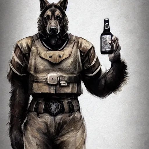 Image similar to a humanoid german shepherd beast - man in military style, holding a bottle of beer, artstation, concept art, smooth, sharp foccus ilustration, artstation