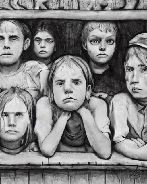 Image similar to group of creep children staring out, black and white character portrait, ultra realistic, concept art, intricate details, war, cinematic, highly detailed by grant wood